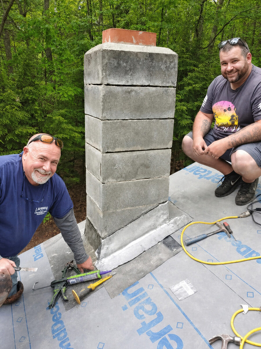 John LaVorgna and his son completing a stone chimney surround on a rooftop